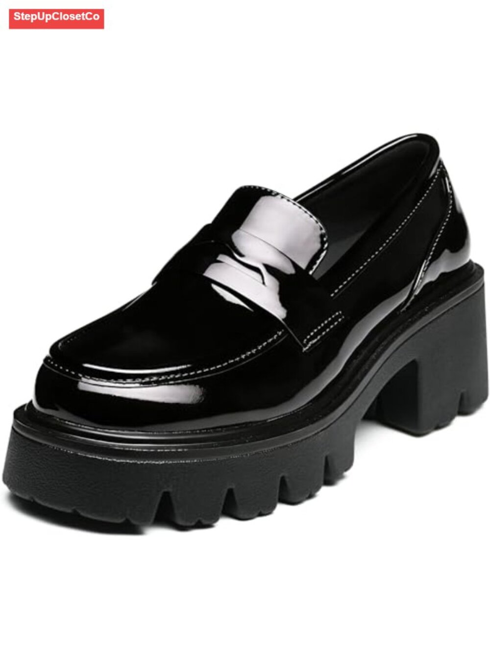 Women's Chunky Platform Loafers - Patent Leather Block Heel
